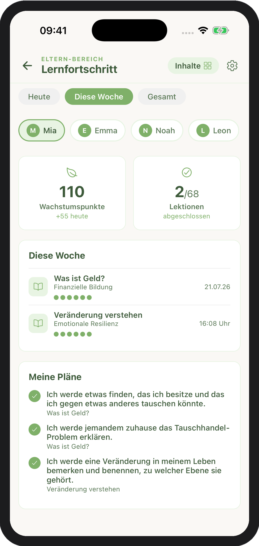Detaillierter Lernfortschritt pro Kind